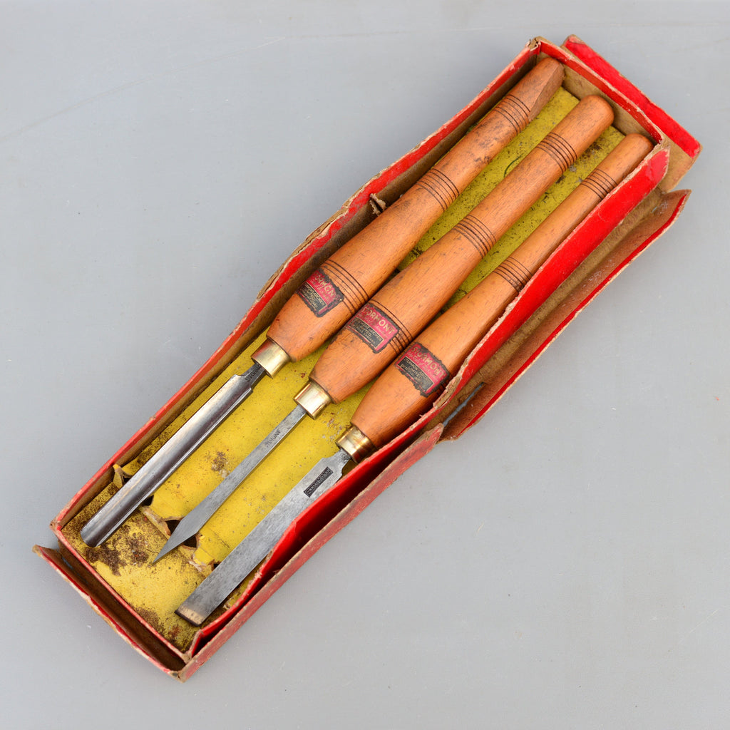 Lot de 3 outils de tournage vintage Mawhood I.Sorby, bédane et outil à tronçonner pour bois