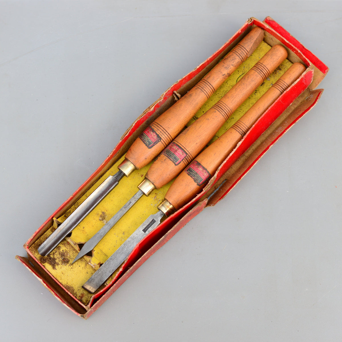 Lot de 3 outils de tournage vintage Mawhood I.Sorby, bédane et outil à tronçonner pour bois