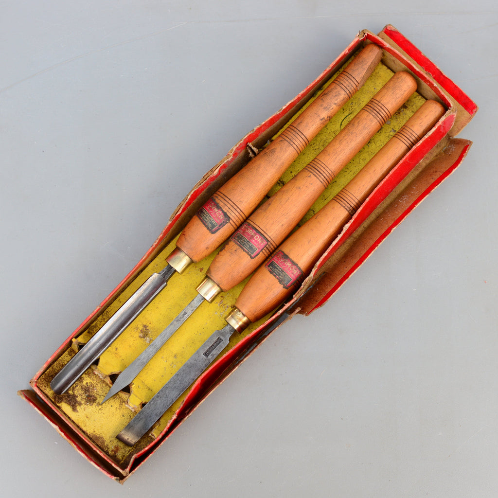 Lot de 3 outils de tournage vintage Mawhood I.Sorby, bédane et outil à tronçonner pour bois