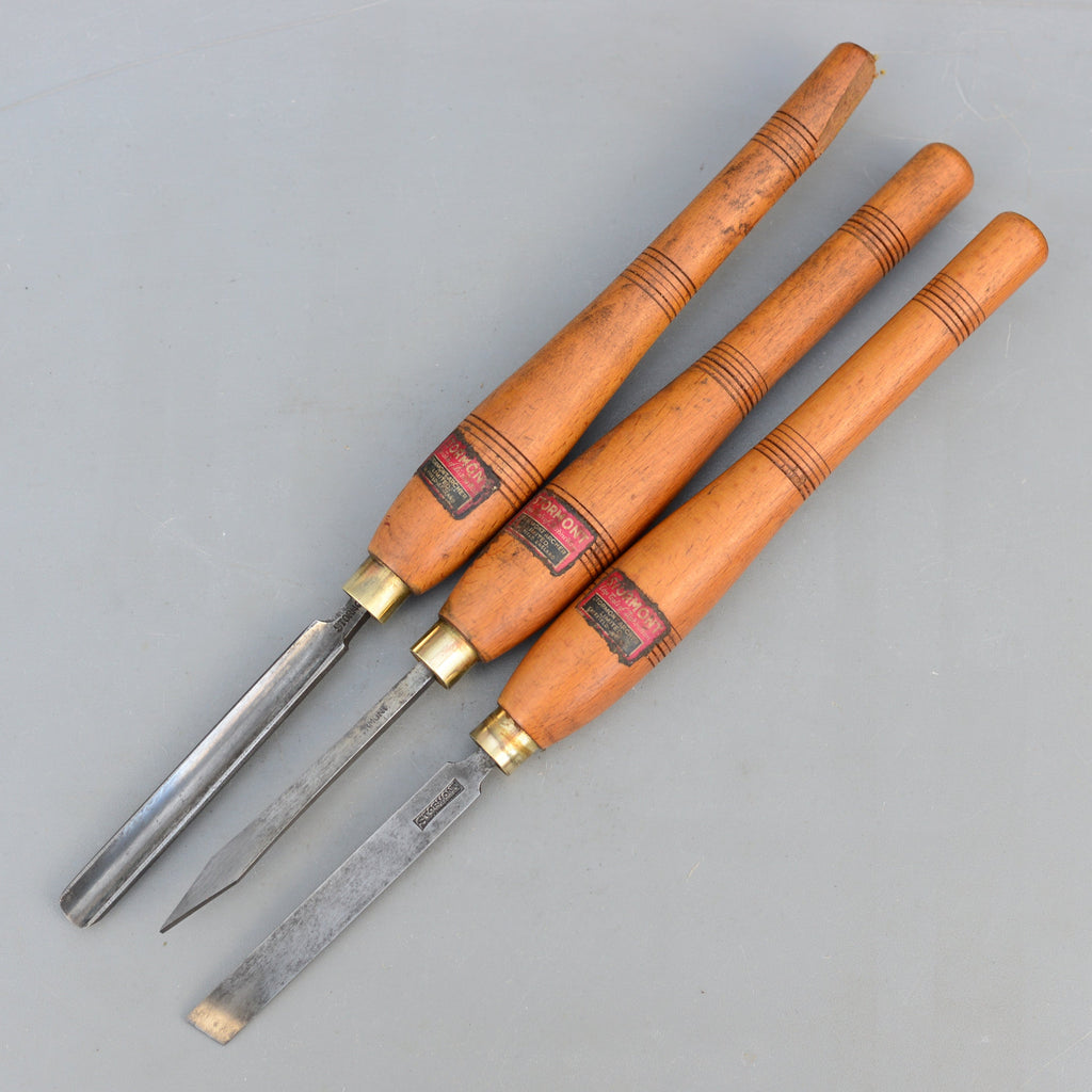 Lot de 3 outils de tournage vintage Mawhood I.Sorby, bédane et outil à tronçonner pour bois