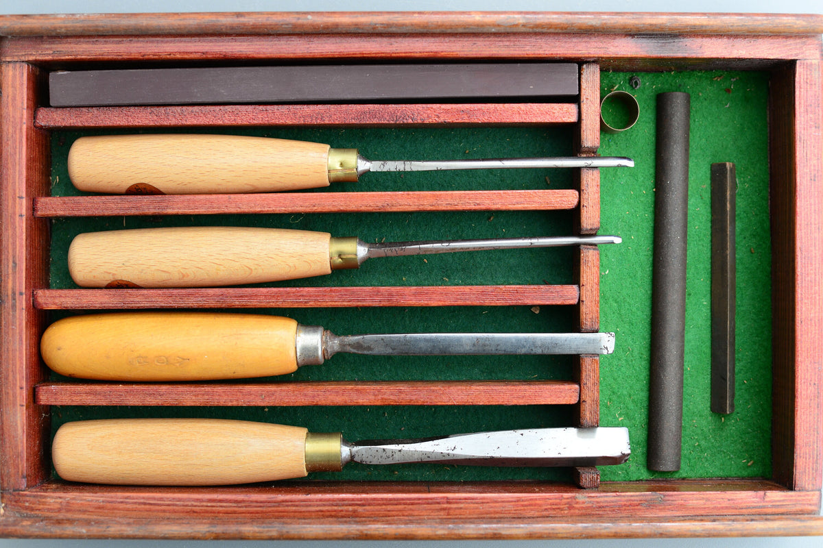 Vintage Ashley Iles England Set Gouge Carving Chisels Stone Box