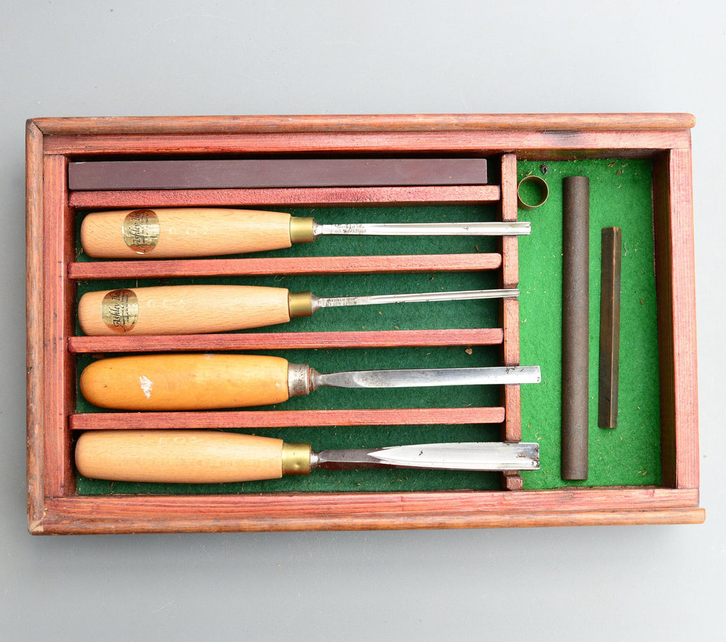 Vintage Ashley Iles England Set Gouge Carving Chisels Stone Box