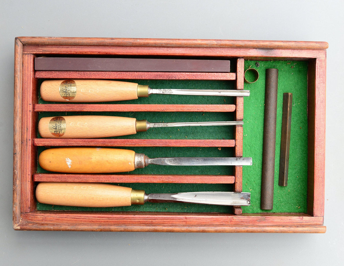 Vintage Ashley Iles England Set Gouge Carving Chisels Stone Box