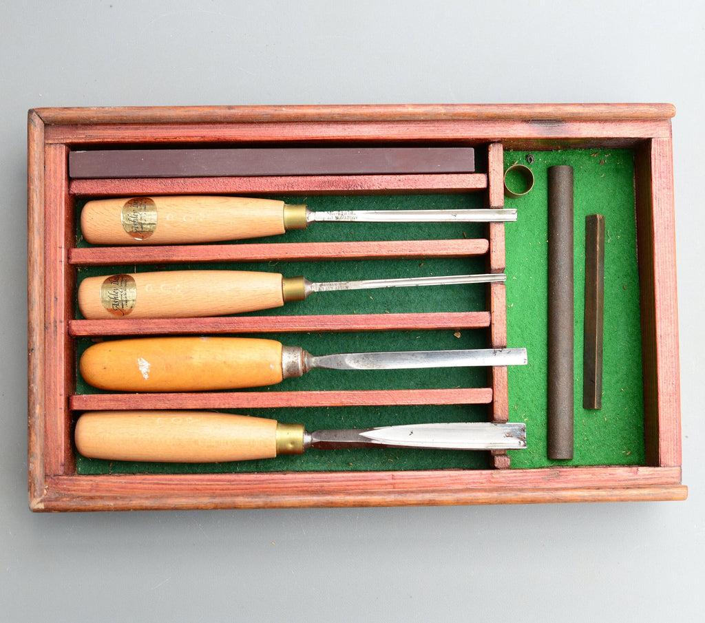 Vintage Ashley Iles England Set Gouge Carving Chisels Stone Box