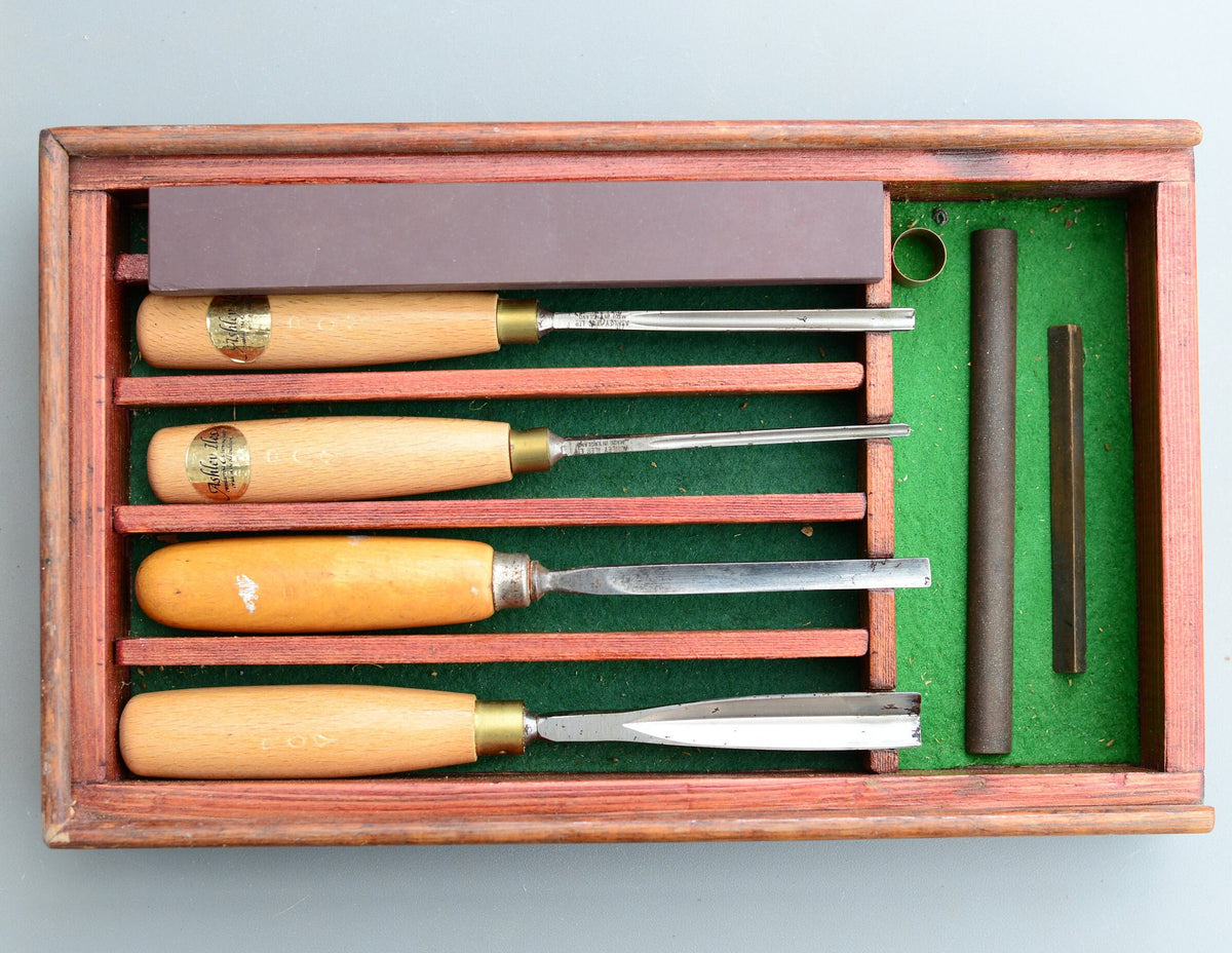 Vintage Ashley Iles England Set Gouge Carving Chisels Stone Box
