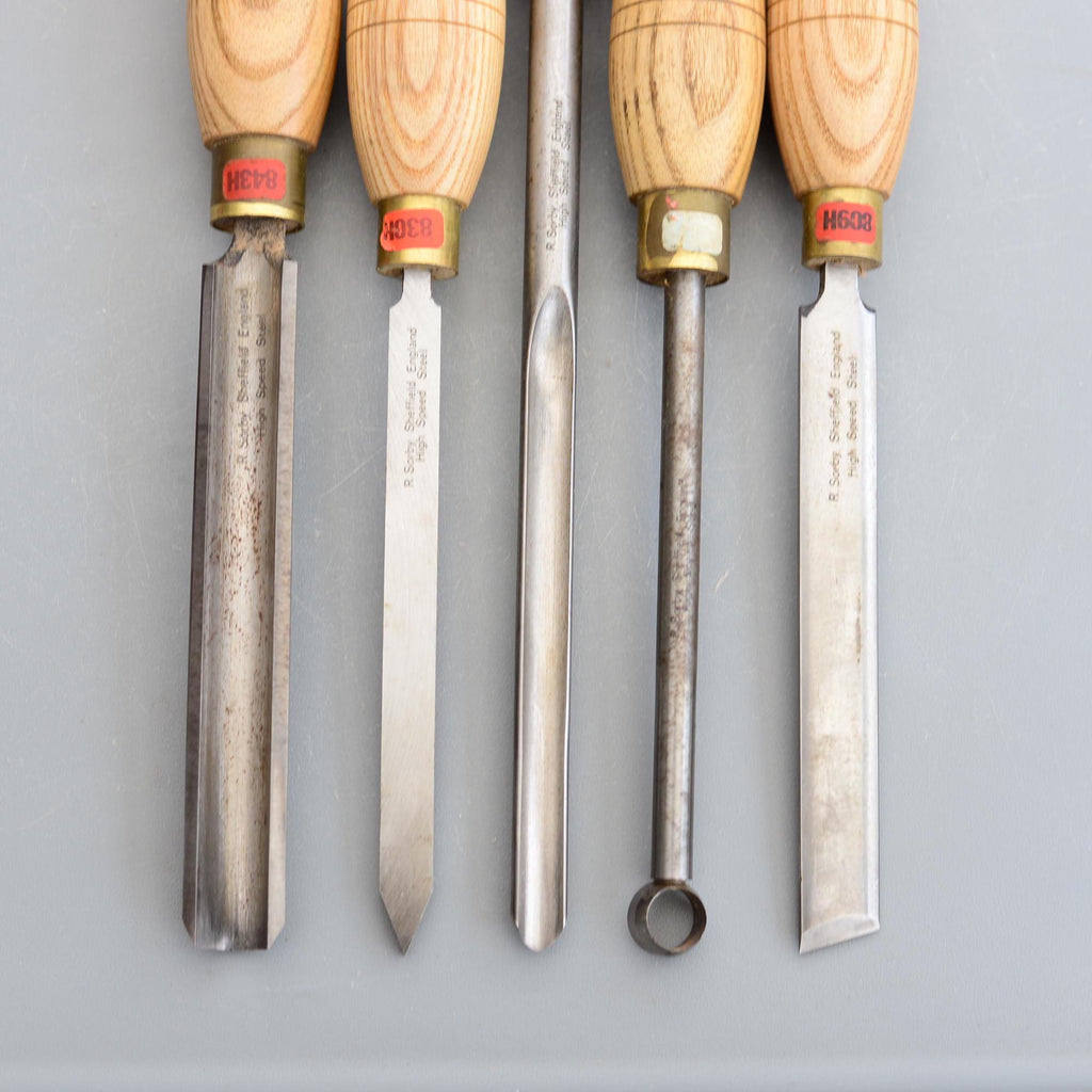 5 Vintage Robert Sorby Sheffield England HSS Skew Spindle Gouge Woodturning Bowl Round Tool Turning Lathe Tools