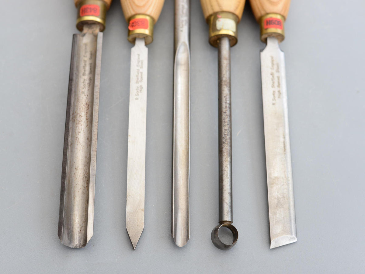 5 Vintage Robert Sorby Sheffield England HSS Skew Spindle Gouge Woodturning Bowl Round Tool Turning Lathe Tools