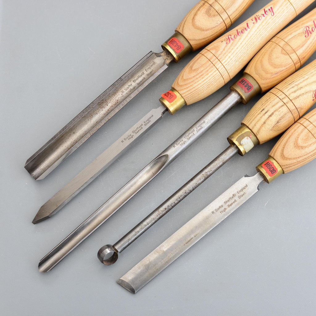 5 Vintage Robert Sorby Sheffield England HSS Skew Spindle Gouge Woodturning Bowl Round Tool Turning Lathe Tools