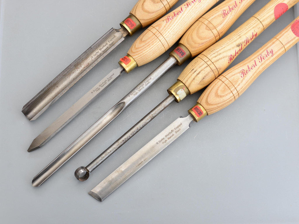 5 Vintage Robert Sorby Sheffield England HSS Skew Spindle Gouge Woodturning Bowl Round Tool Turning Lathe Tools