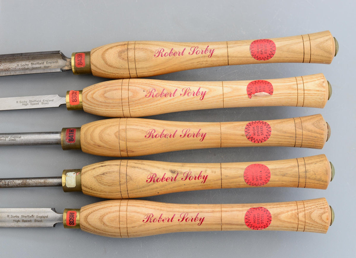 5 Vintage Robert Sorby Sheffield England HSS Skew Spindle Gouge Woodturning Bowl Round Tool Turning Lathe Tools