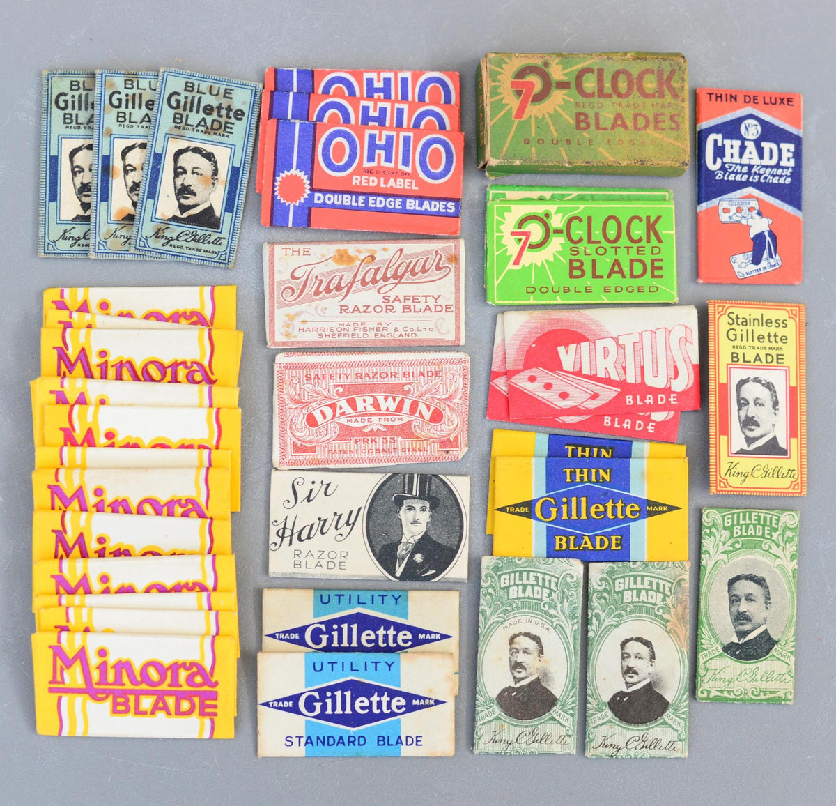 Vintage Set Safety Razor Blade & Wrappers Gillette Minora 7Oclock
